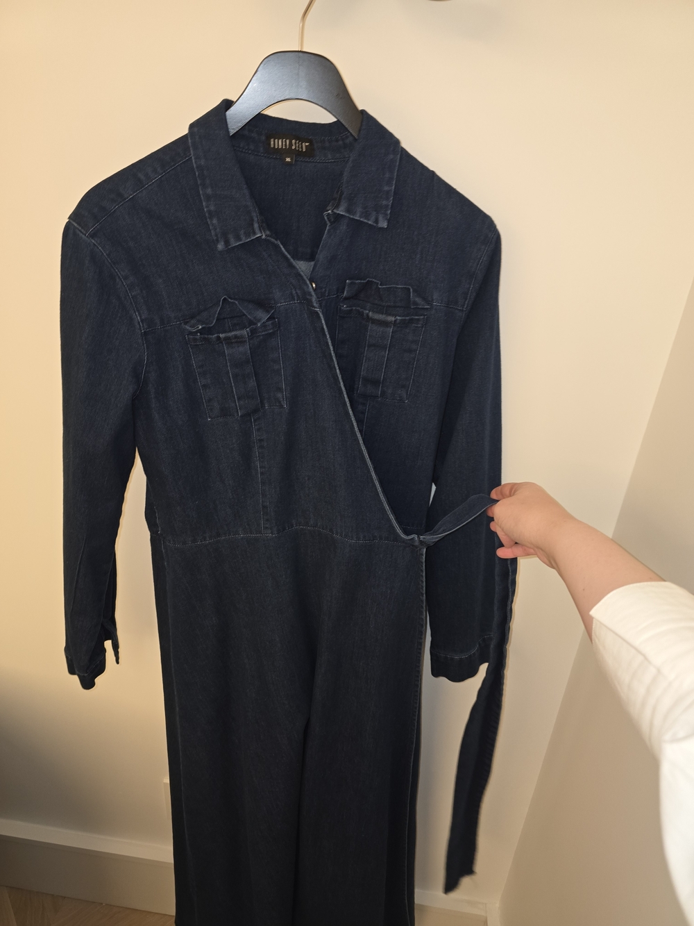 Dark Denim Wrap Jumpsuit with Tie Waist